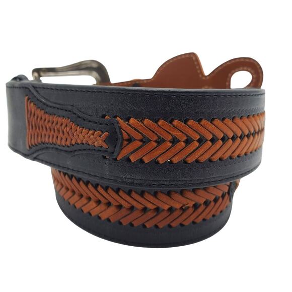 Ariat Brown Black Western Leather Belt Braided Two Tone 32 Silver Tooled Buckle - Picture 1 of 13